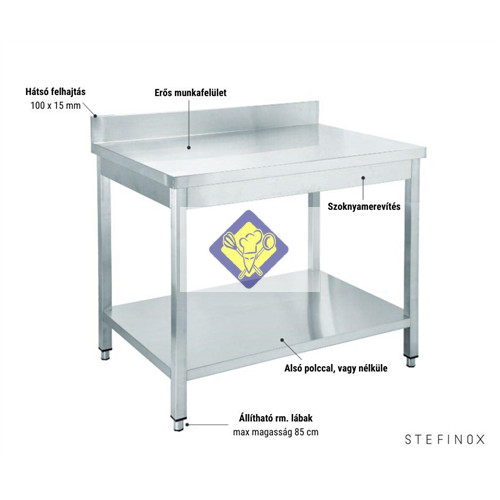 munkaasztal rm. alsó polccal, hátsó felhajtással, 1200 x 600 x 850 mm, összeszerelhető