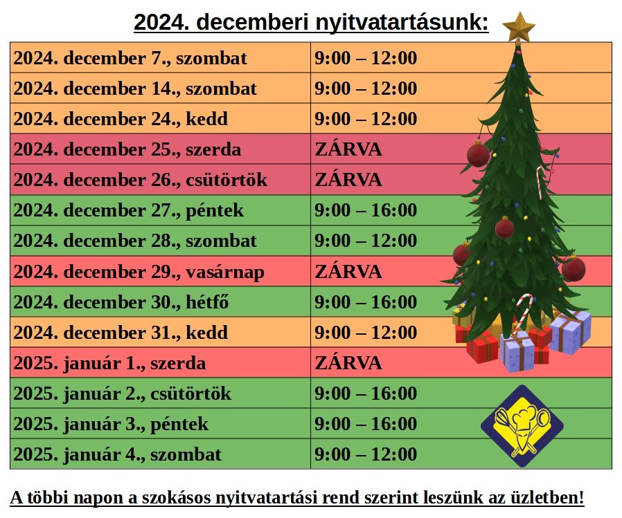 2024. december havi nyitvatartás